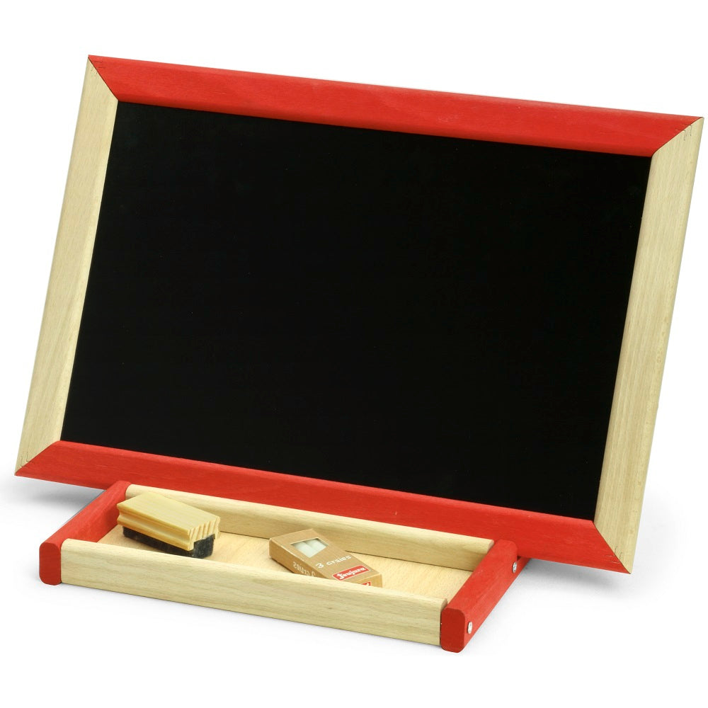 Jeujura 2-sided blackboard easel with natural wood frame and red trim; includes chalk in tray