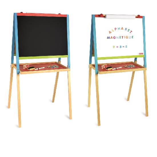 Jeujura wooden reversible multipurpose board set with blue frame; chalkboard on left and whiteboard on right (2 boards)