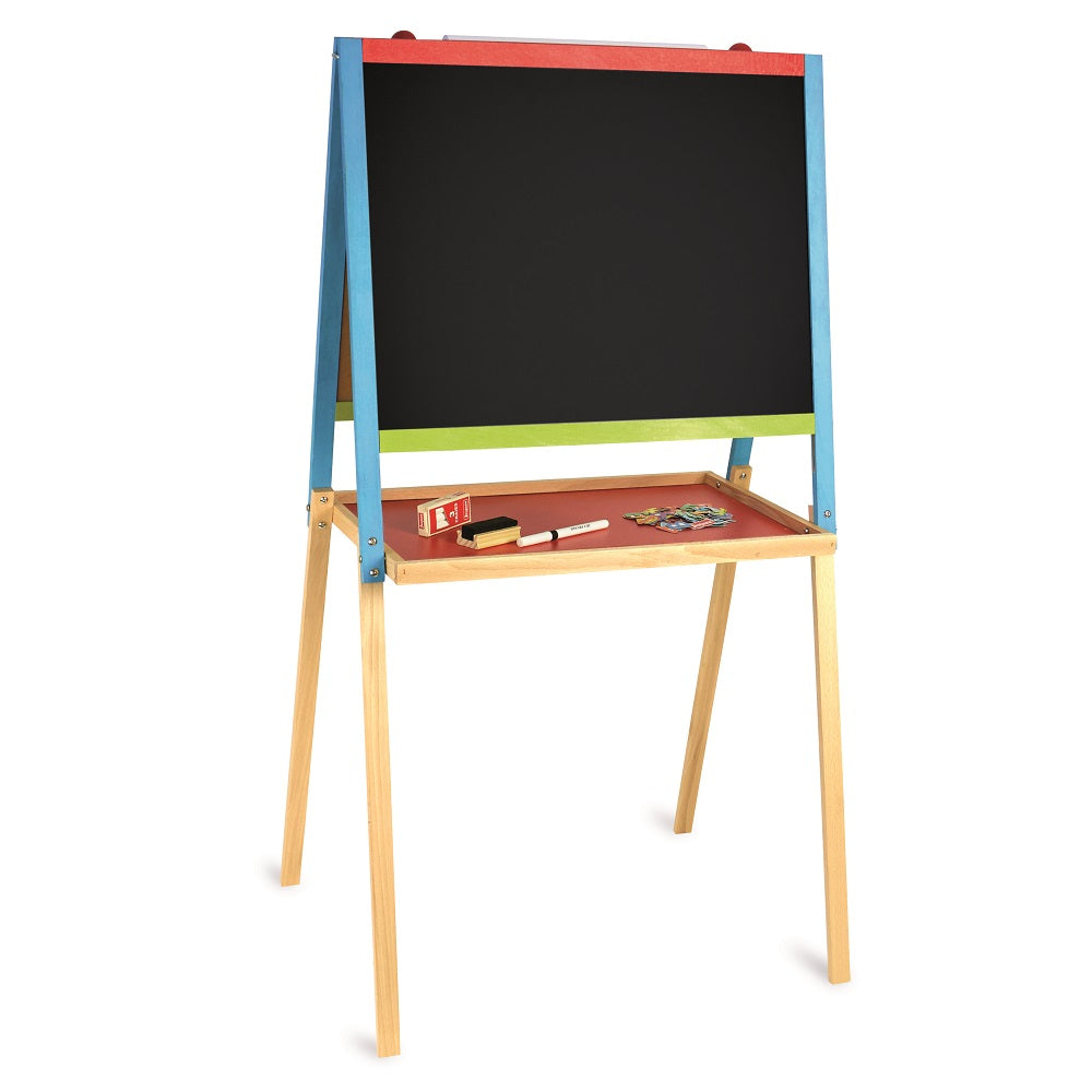 Jeujura wooden reversible multipurpose board on blue-framed easel with chalkboard, chalk and magnets