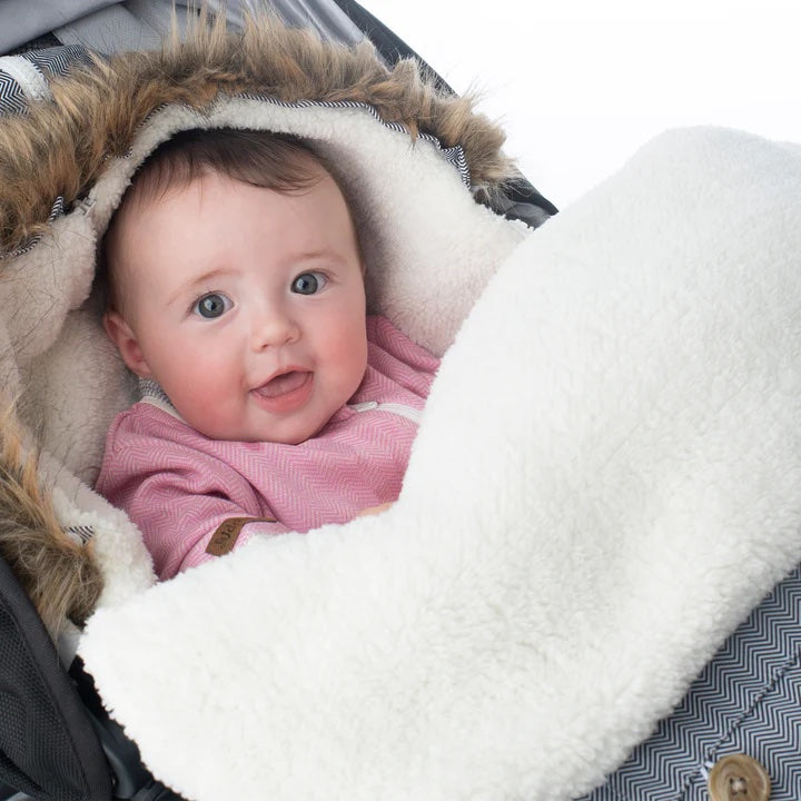 Juddlies infant car seat/stroller bag in salt and pepper grey with plush fleece lining and baby inside