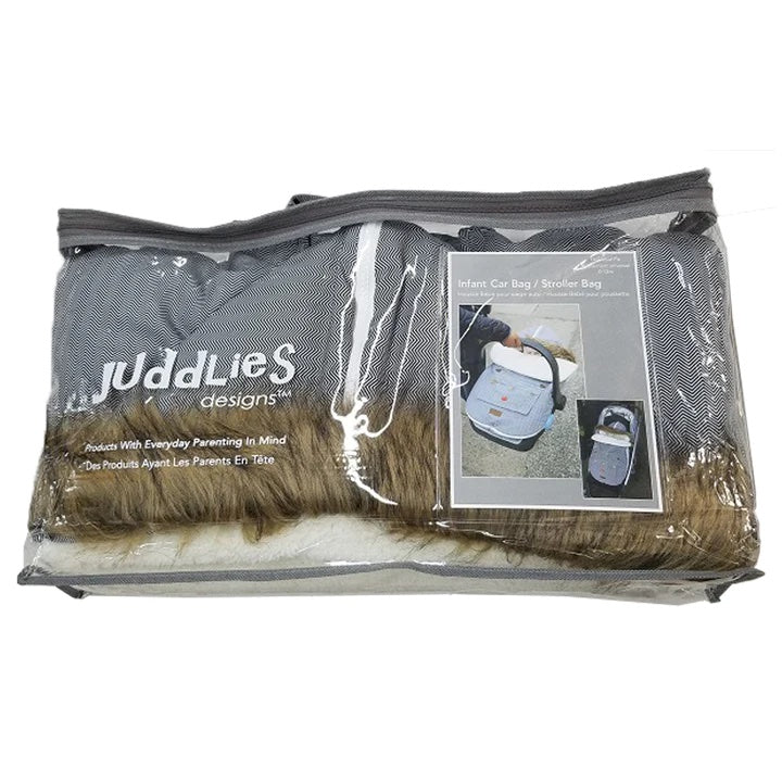 Juddlies infant car seat and stroller bag in salt-and-pepper grey fabric with a faux fur panel