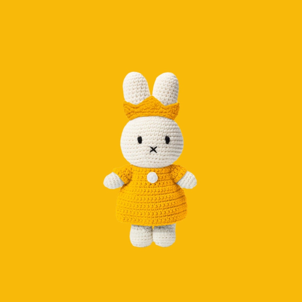 Just Dutch Miffy crochet bunny plush in bright yellow dress with white head and crown accessory