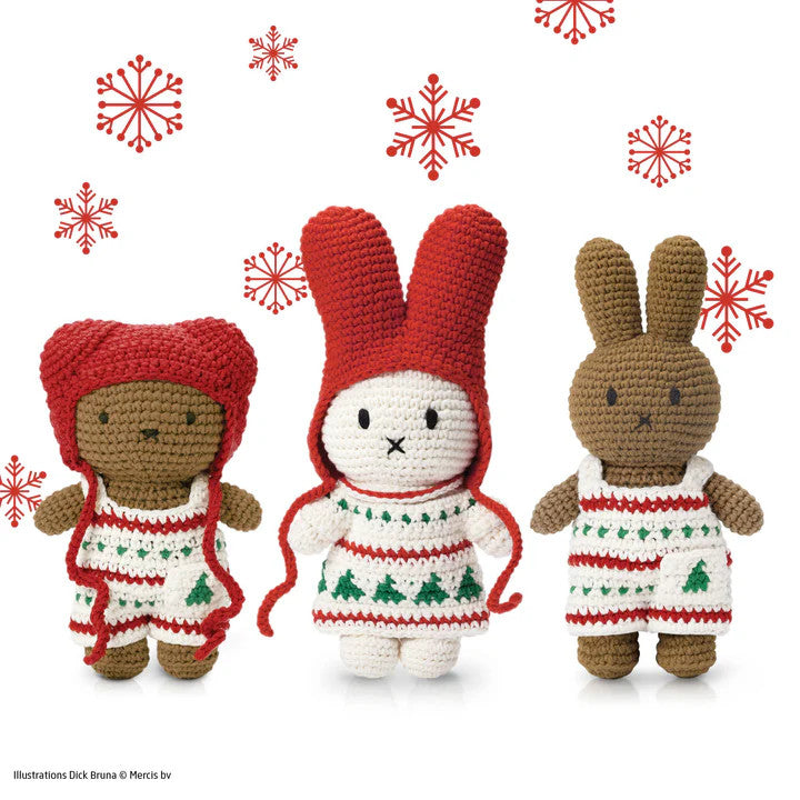 Just Dutch Miffy Christmas plush trio (3) wearing white dresses with red trim and green tree motifs