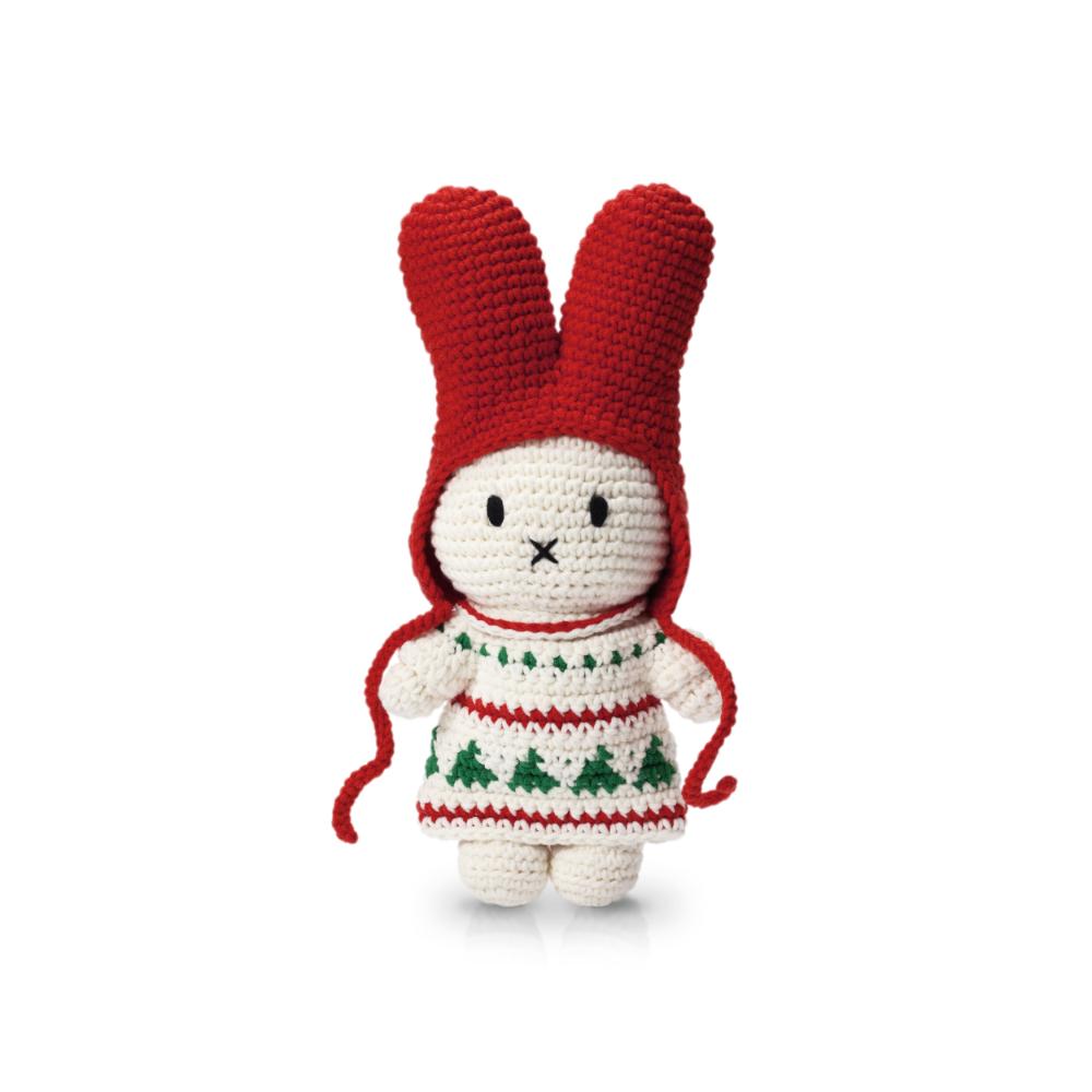 Just Dutch Miffy plush bunny in a red hat and white Christmas dress with green tree motif