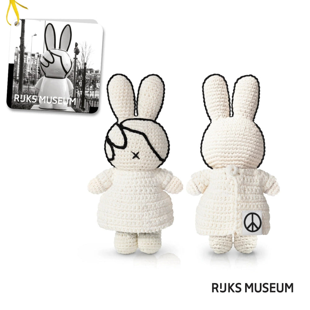 Just Dutch Miffy In Handmade For Peace Dress x Rijks Museum plush, cream knitted bunny with peace tag.