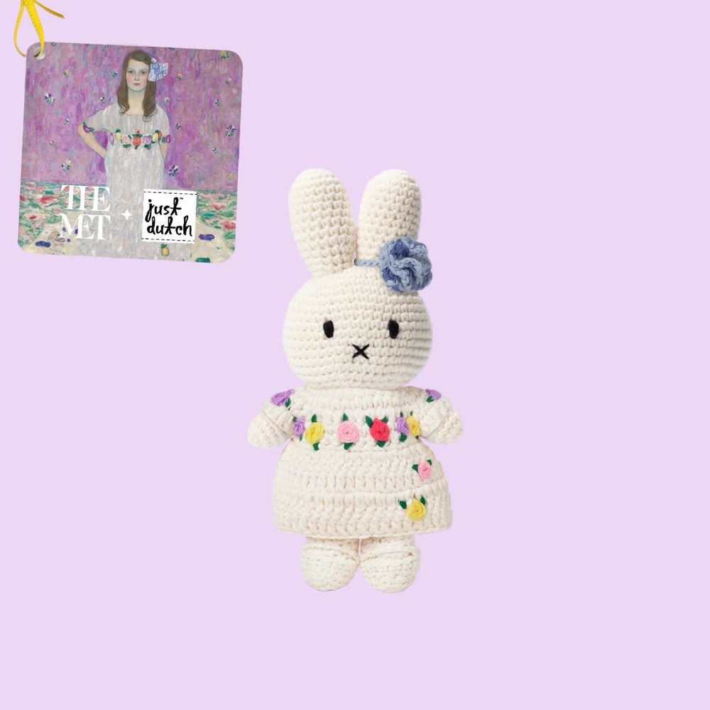 Just Dutch Miffy plush wearing Gustav Klimt Mada Primavesi inspired dress with colorful floral embroidery.