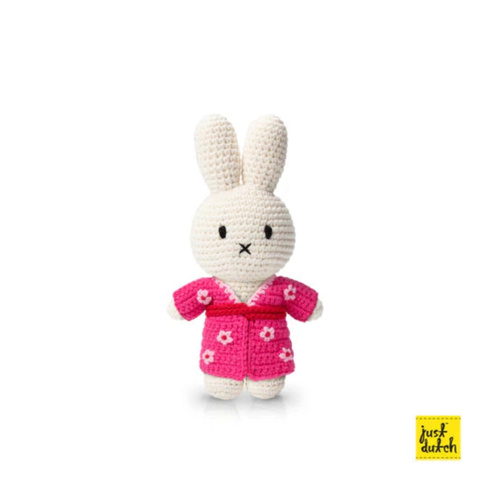 Just Dutch Miffy amigurumi bunny plush in a pink kimono with white flowers, cute stuffed toy.
