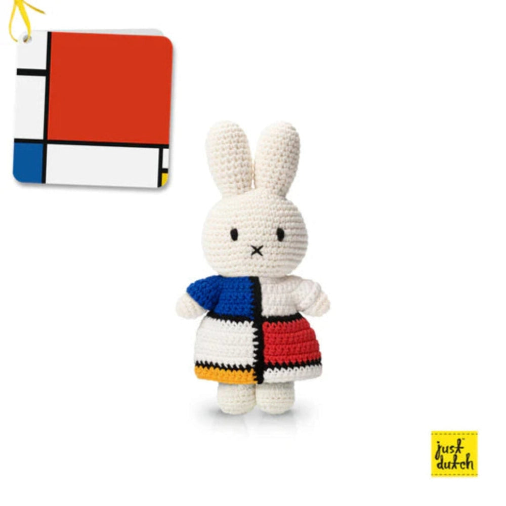 Just Dutch Miffy Piet Mondrian Inspired Dress plush bunny amigurumi wearing a color-block dress