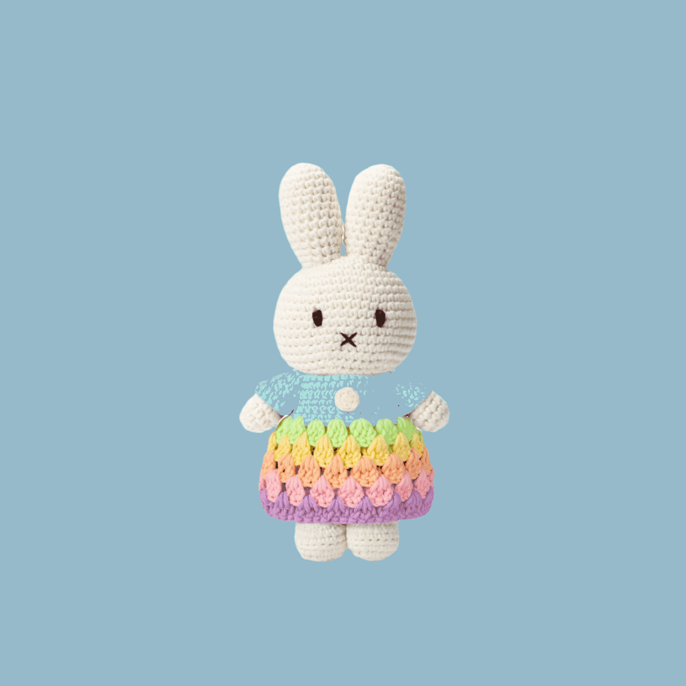 Just Dutch Miffy crochet bunny plush in a blue rainbow dress