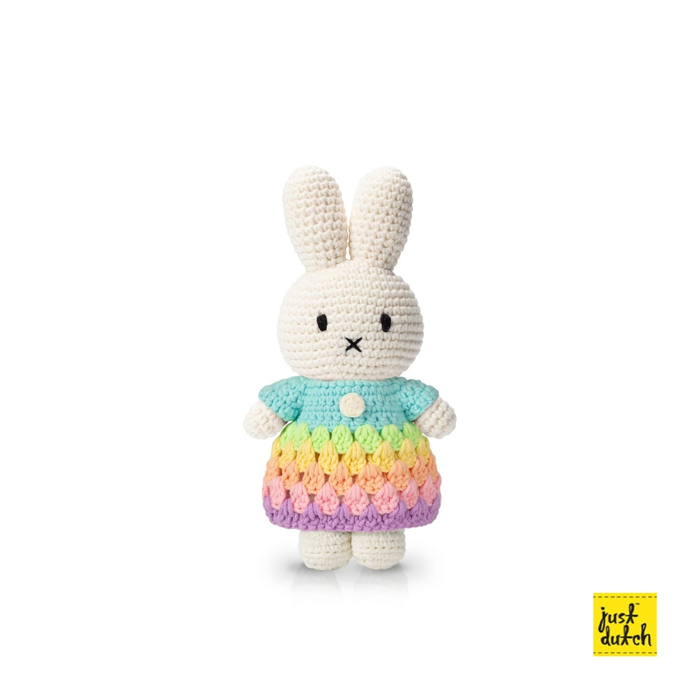 Just Dutch Miffy rainbow dress bunny plush with blue top and multicolor crocheted skirt