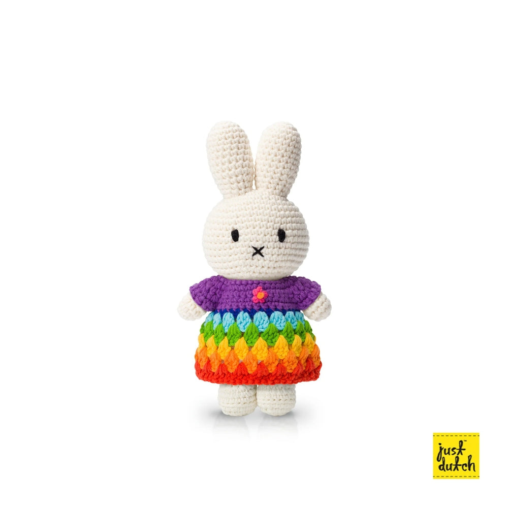 Just Dutch Miffy amigurumi bunny in a rainbow crochet dress with a purple top