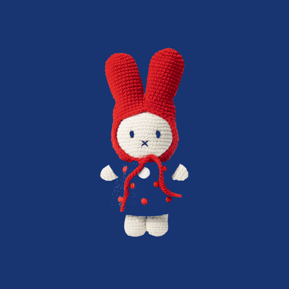 Just Dutch Miffy plush bunny in blue tulip dress with red knit hat