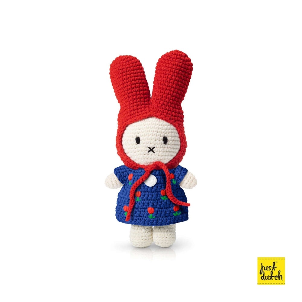 Miffy plush toy in blue tulip dress and red hat, Just Dutch crochet bunny
