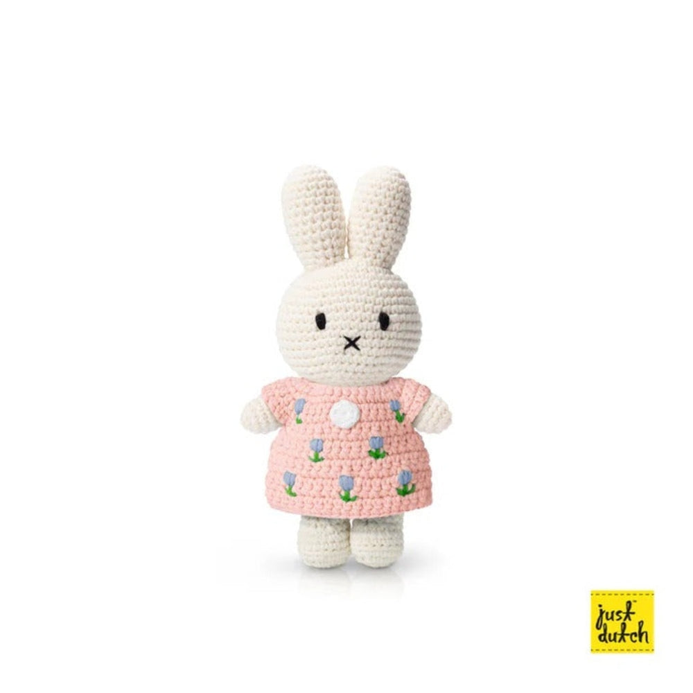 Just Dutch Miffy Tulip Dress Pastel Pink crochet bunny plush standing upright in pink tulip-embroidered dress.