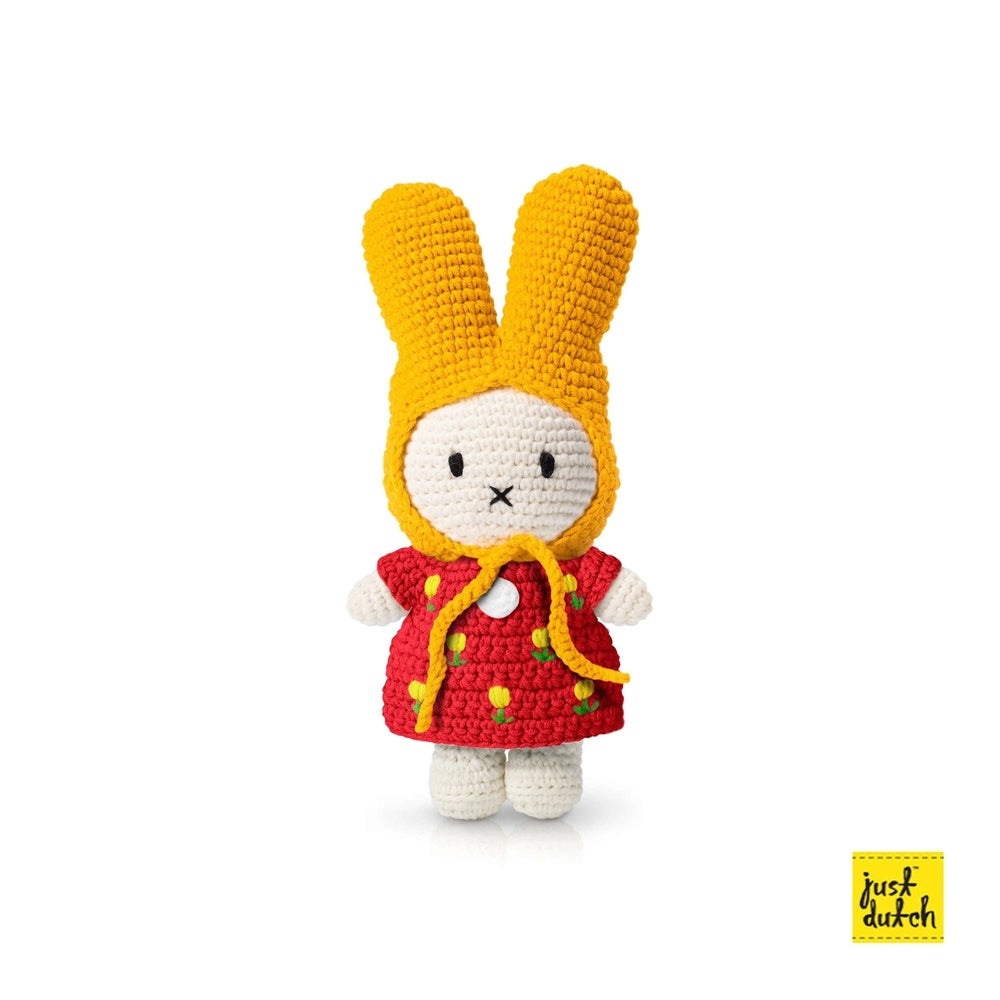Miffy crochet plush bunny in red tulip dress with yellow hooded hat, Just Dutch brand