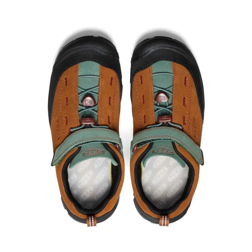 Keen Big Kids' Jasper II Maple Dark Forest sandals, teal and brown with Velcro straps, KEEN brand, pair