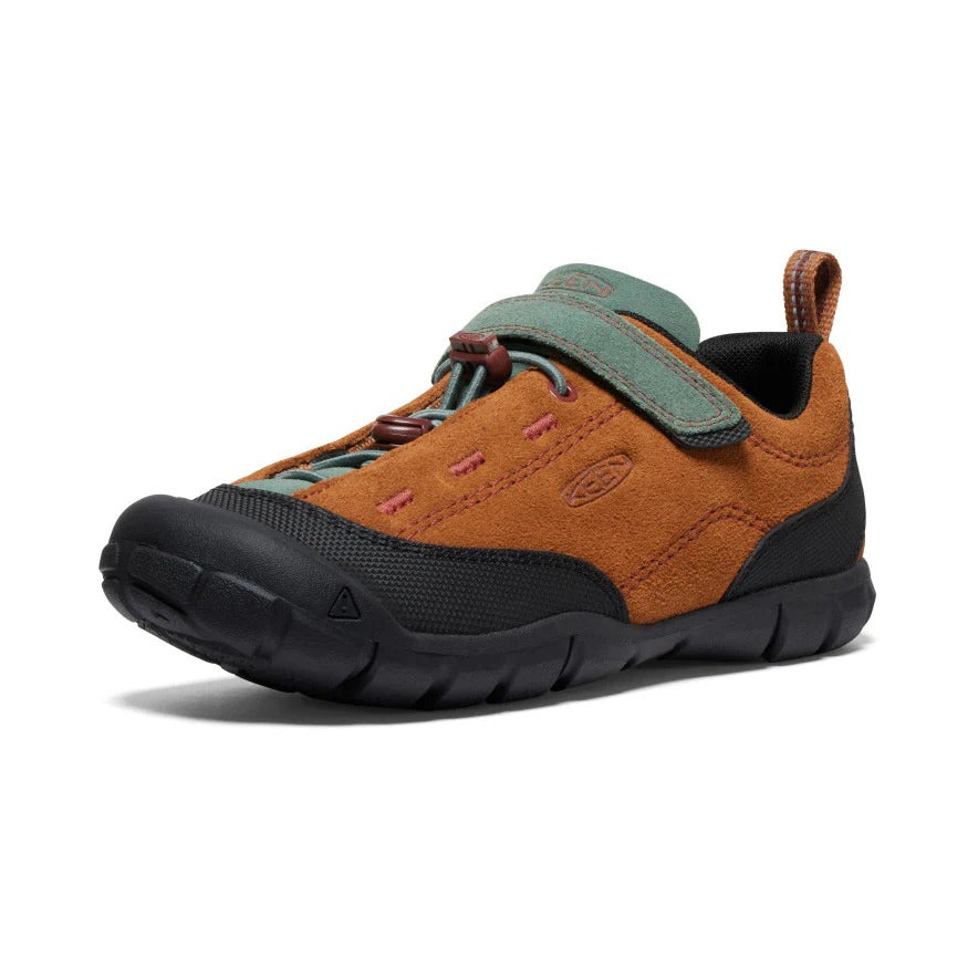 KEEN Jasper II Big Kids' Maple Dark Forest orange suede shoe with green strap and black outsole