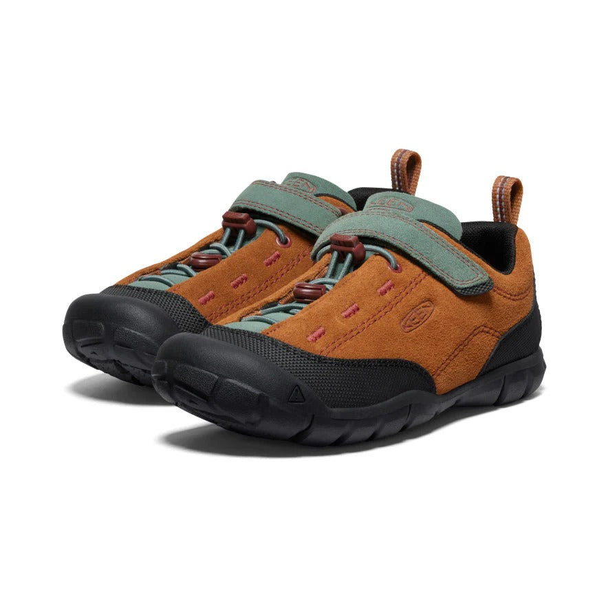 Keen Jasper II Maple Dark Forest kids' shoes; orange suede upper with teal straps and rugged black outsole