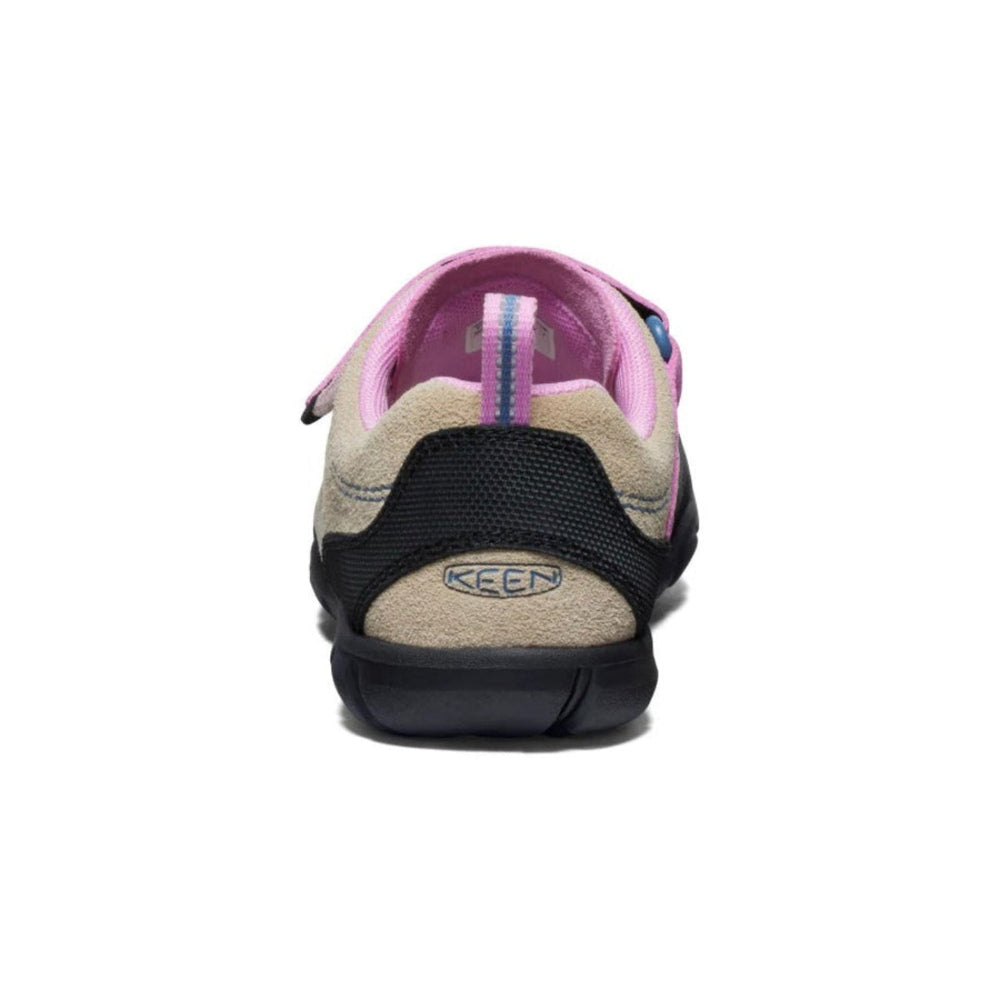 KEEN Big Kids' Jasper II Safari lavender shoe, beige suede, black heel, pink lining.