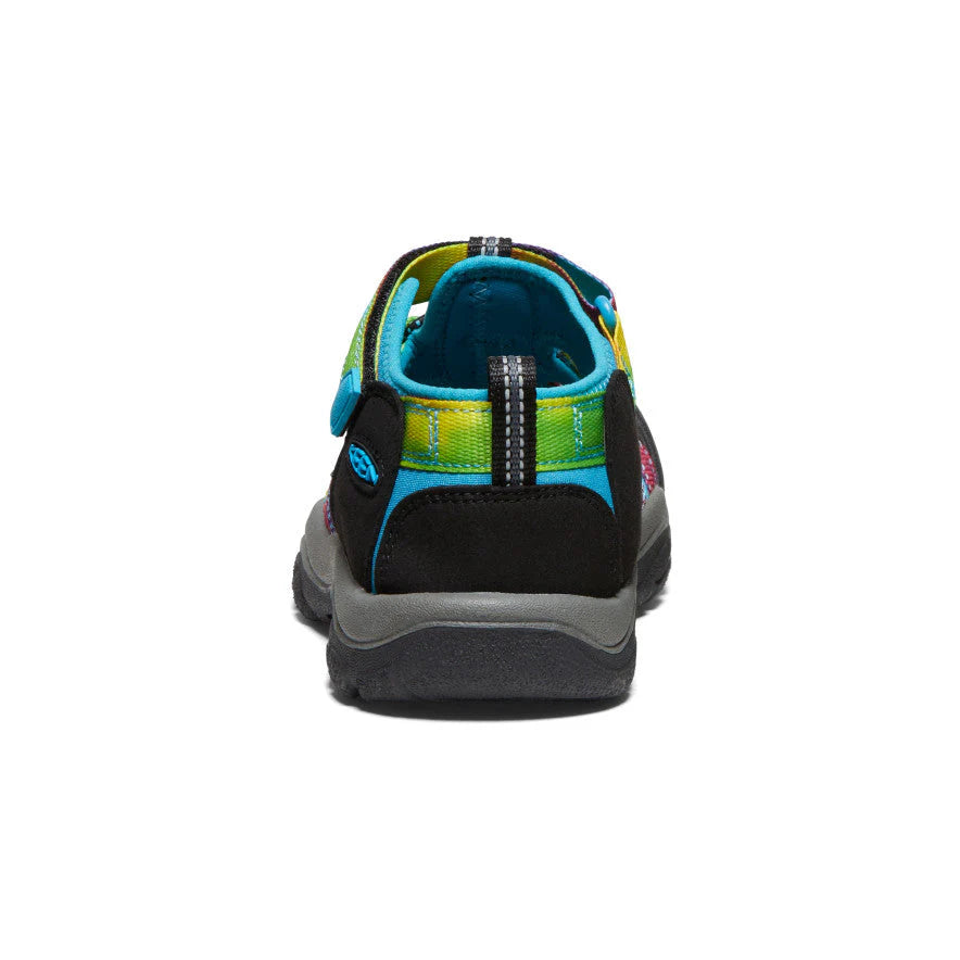 Keen Big Kids Newport H2 Sandal in blue, green, yellow with black heel and gray sole, rear view.