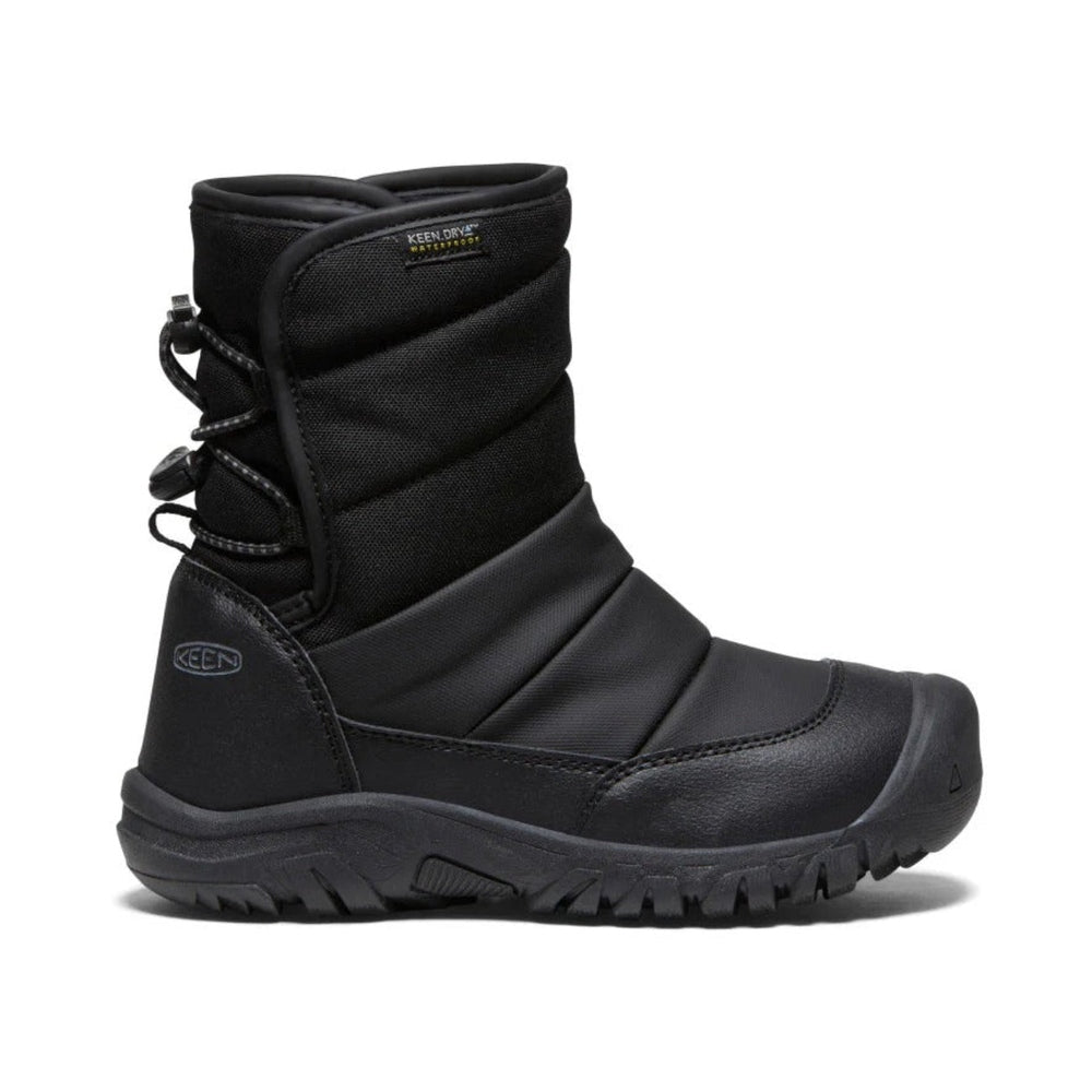 Keen Big Kids' Puffrider Waterproof Winter Boot Black Steel Grey with tied laces and rugged tread.