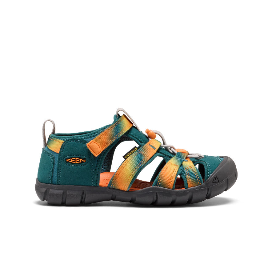 Green and orange sandal with KEEN logo on a white background