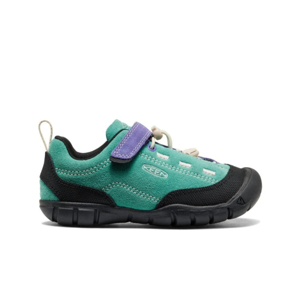 KEEN Little Kids' Jasper II Bright Aqua Purple Opulence toddler shoe in teal with purple strap and black rugged sole.
