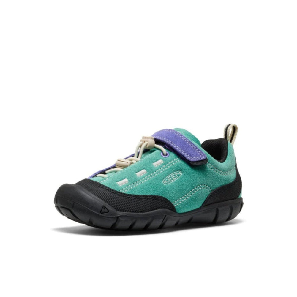 KEEN Little Kids' Jasper II Bright Aqua Purple Opulence sneaker shown on white background with teal suede and purple strap.
