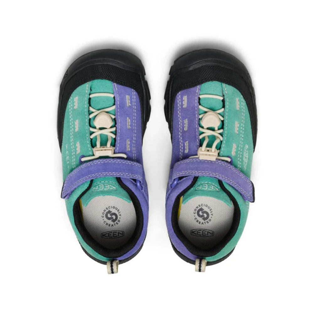 KEEN Little Kids' Jasper II Bright Aqua Purple Opulence toddler sandals, teal and purple with a Velcro strap, top-down view.