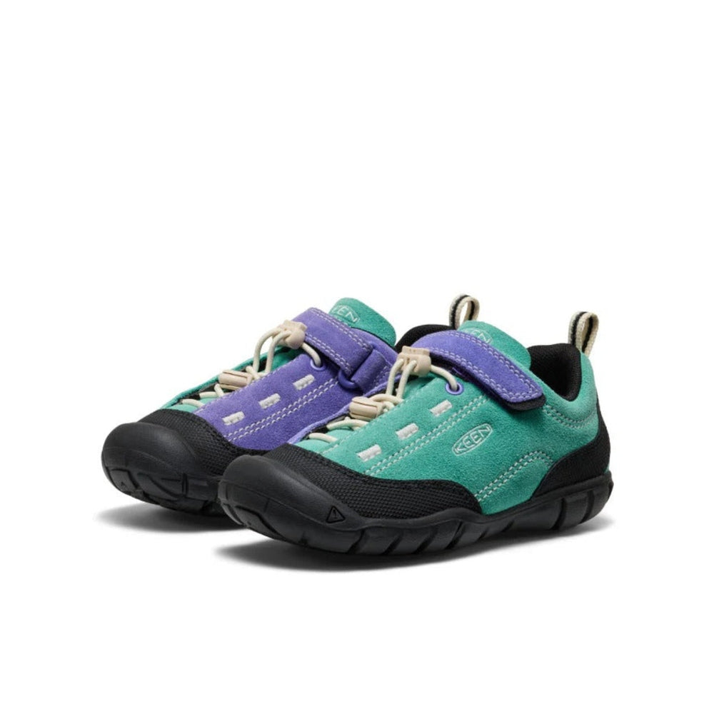 KEEN Little Kids' Jasper II Bright Aqua Purple Opulence toddler shoes in teal/purple with Velcro straps securing fit.
