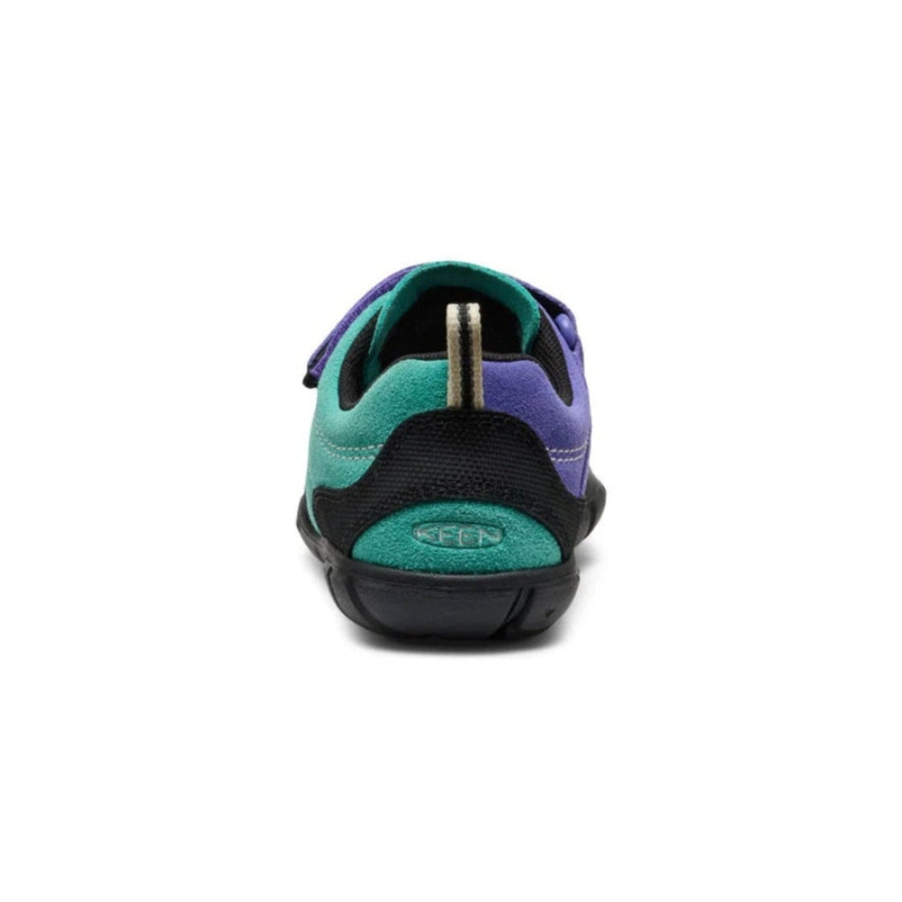 KEEN Little Kids' Jasper II Bright Aqua Purple Opulence sandal, rear view with heel pull tab and teal/purple upper.