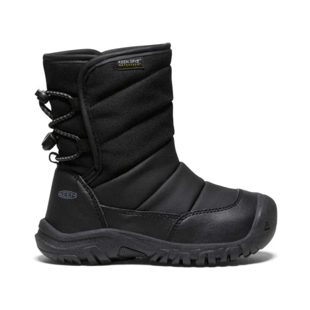 Keen Little Kids' Puffrider Waterproof Winter Boot Black Steel Grey, laced up on a rugged lug sole.