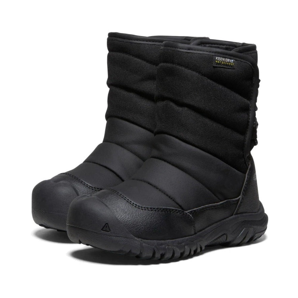 Keen Little Kids' Puffrider Waterproof Winter Boot Black Steel Grey with quilted padded shaft and rugged outsole