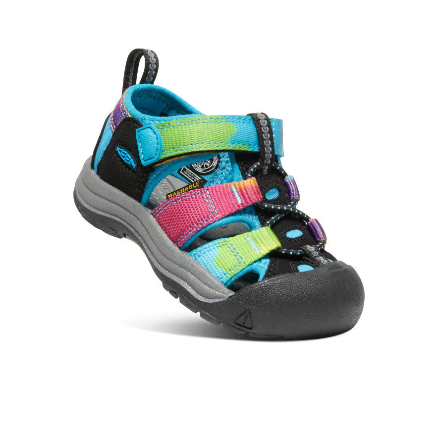 KEEN Toddlers Newport H2 sandal, multicolor teal, pink and lime straps with closed-toe protection