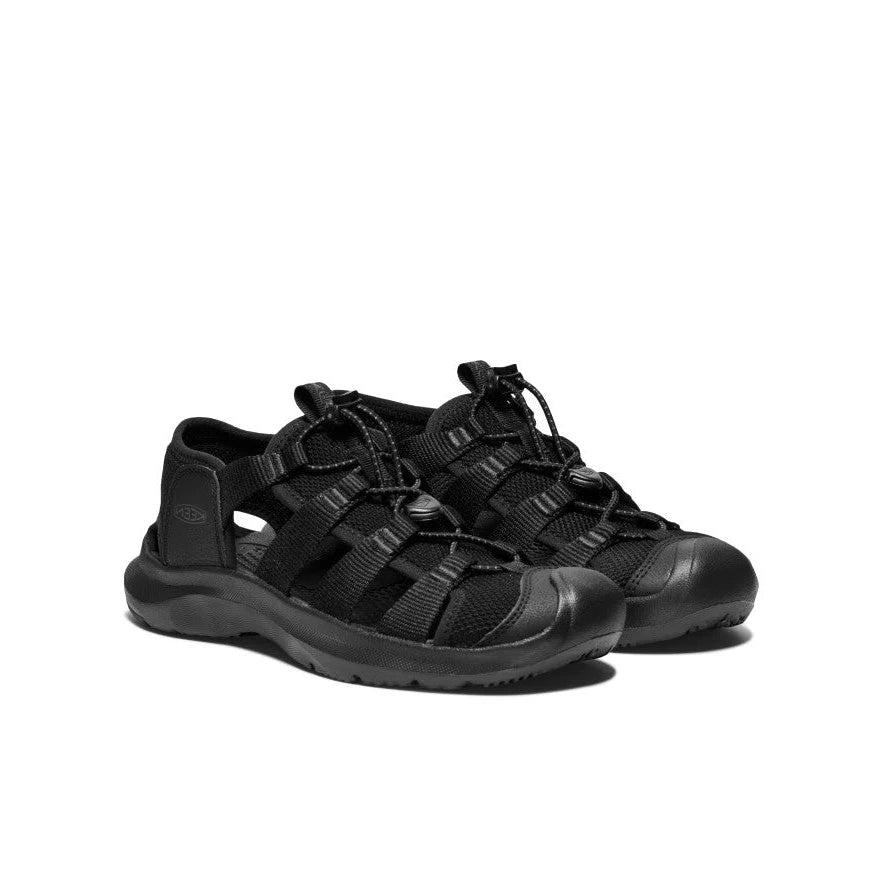 KEEN Women's Seanik H2 Sandal Black/Magnet; pair of black sport sandals with closed-toe and bungee lacing on display