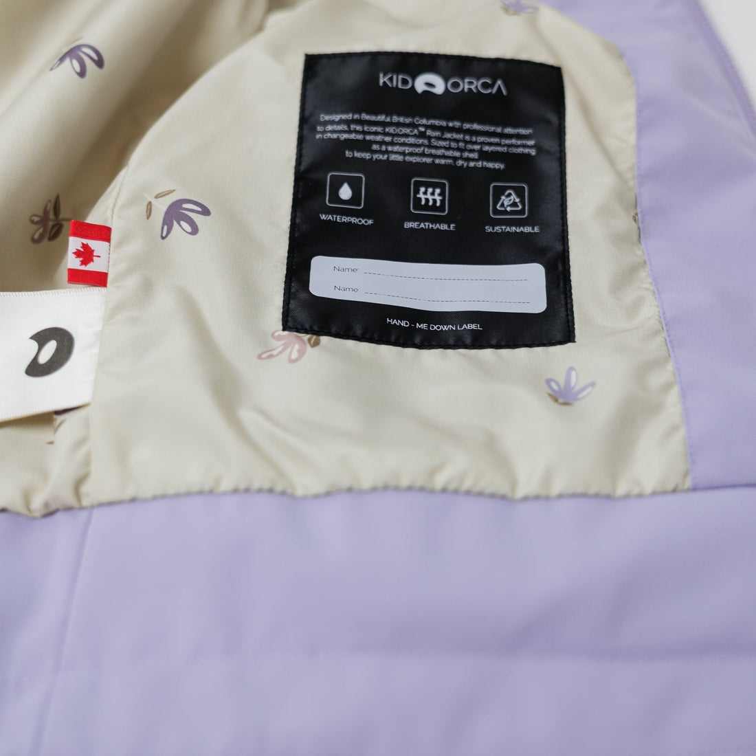 Kidorca Tofino Kids Rain Jacket - Lilac / Floral – Interior label