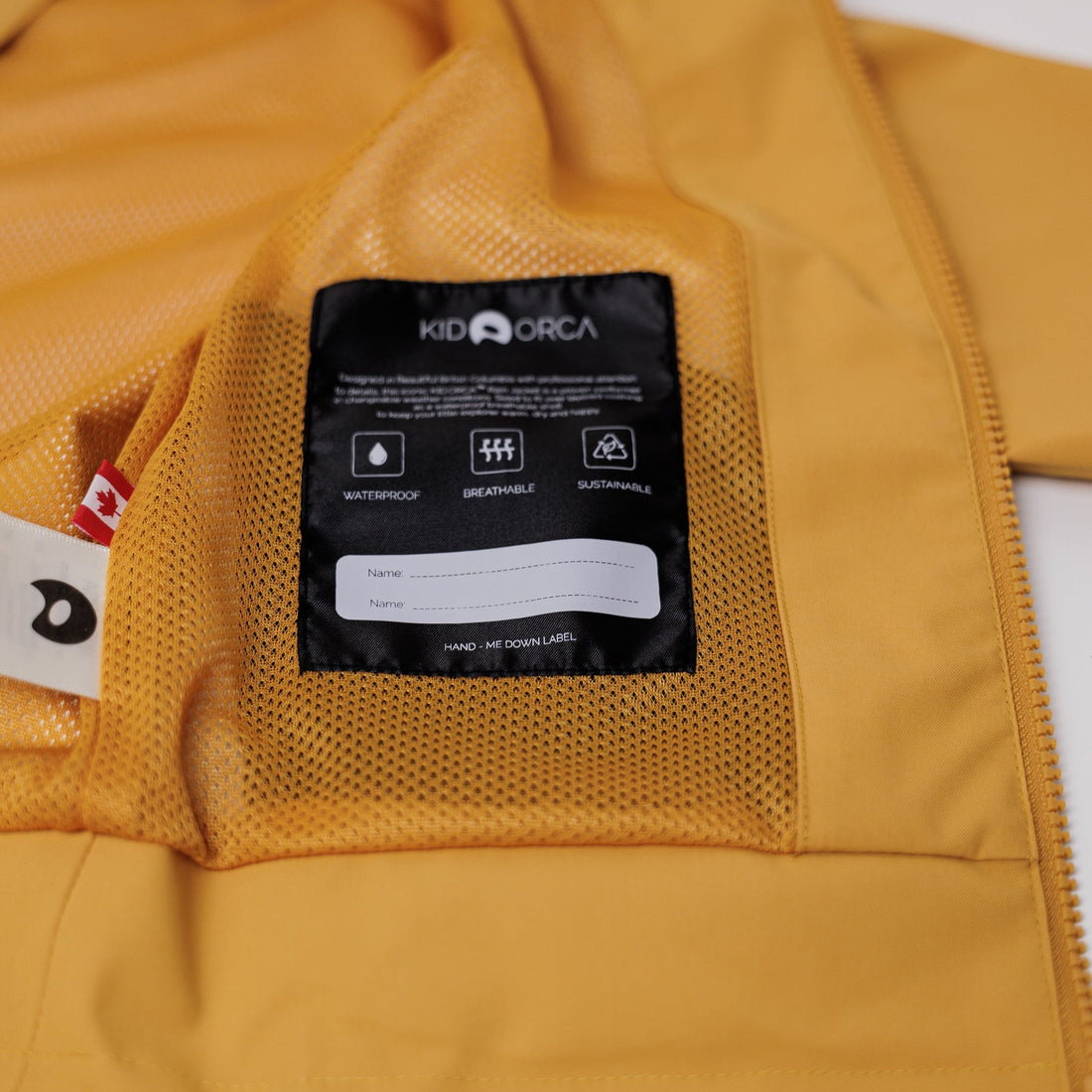 Kidorca Tofino Kids Rain Jacket - Spruce Yellow – Interior label