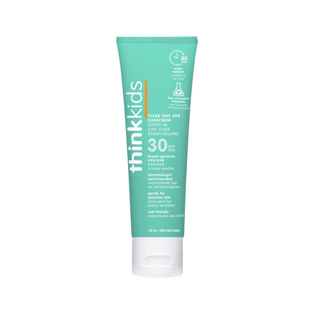 Think Kids Clear Zinc Sunscreen Lotion SPF 30 front view tube on white background.