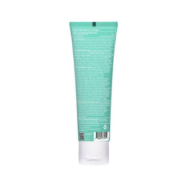 Think Kids Clear Zinc Sunscreen Lotion SPF 30 back view tube with product information label.