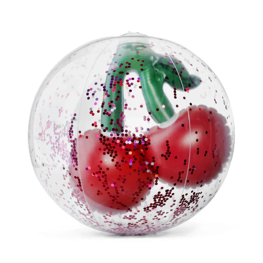Konges Slojd Beach Ball, clear with red pepper graphic and pink confetti dots for playful beach fun.