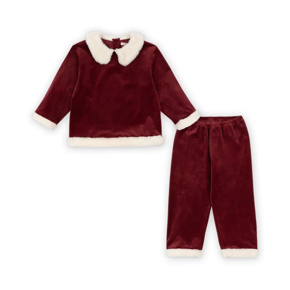 Konges Slojd Christmas Set Red Dahlia: velvet red top with white faux-fur collar and cuffs, plus matching fur-trim pants.