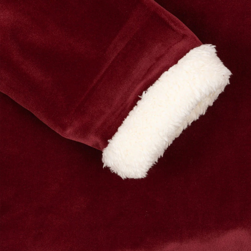 Konges Slojd Christmas Set Red Dahlia baby outfit in burgundy velvet with fluffy white sherpa cuffs.