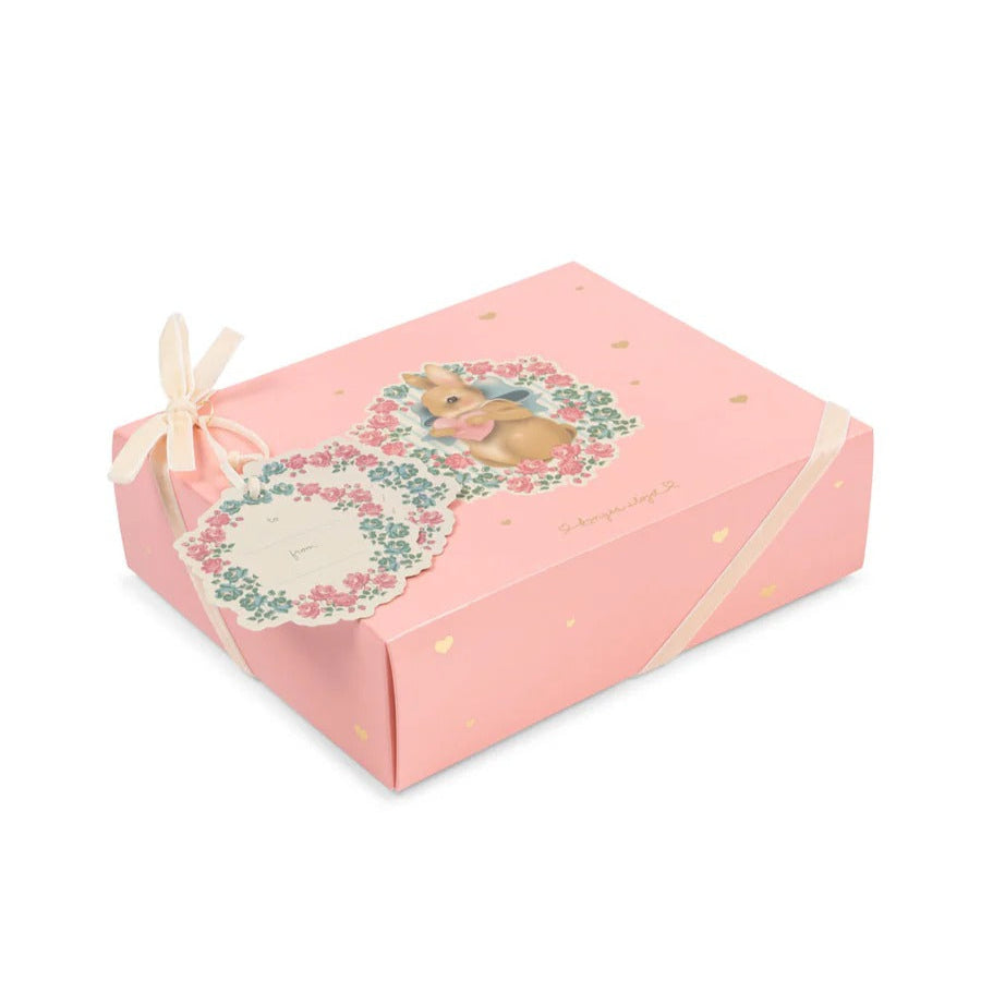 Konges Slojd Coty Gift Set Strawberry Ice in a pink gift box tied with cream ribbon, floral bunny illustration.