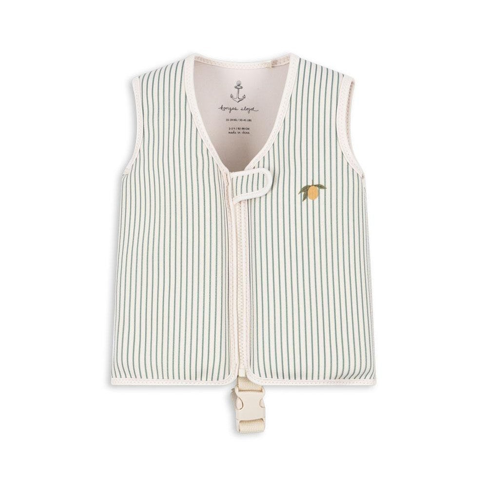 Konges Slojd Ellis Swim Vest Tea Stripe, cream with teal stripes and beige trim, front buckle fastened.