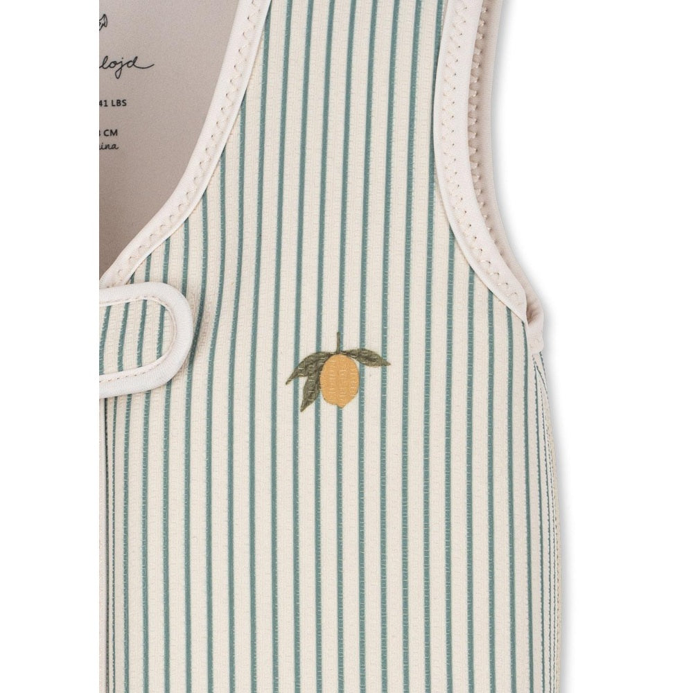 Konges Slojd Ellis Swim Vest Tea Stripe, white-trim striped fabric with peach embroidery and front tie closures.