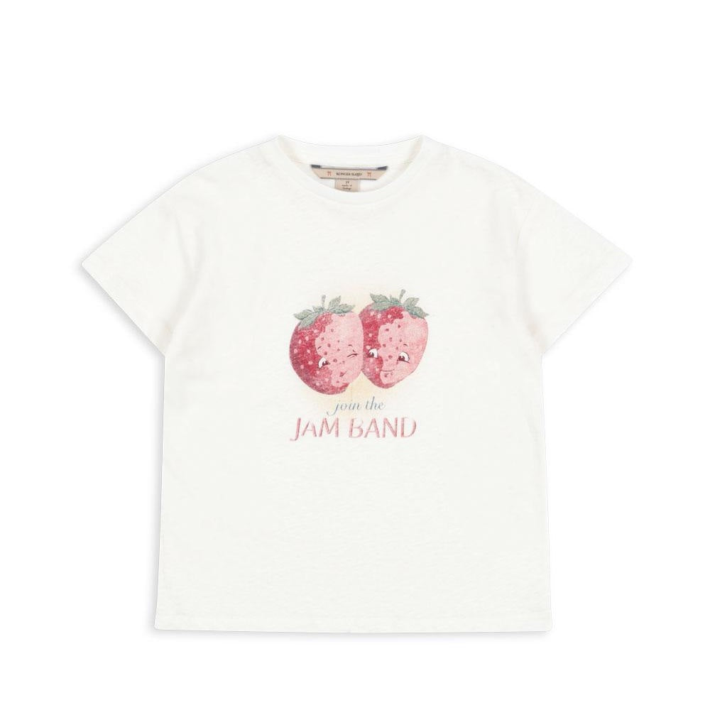 Konges Slojd Era Tee Off White/Jam; white baby T-shirt with pink strawberry JAM BAND graphic.
