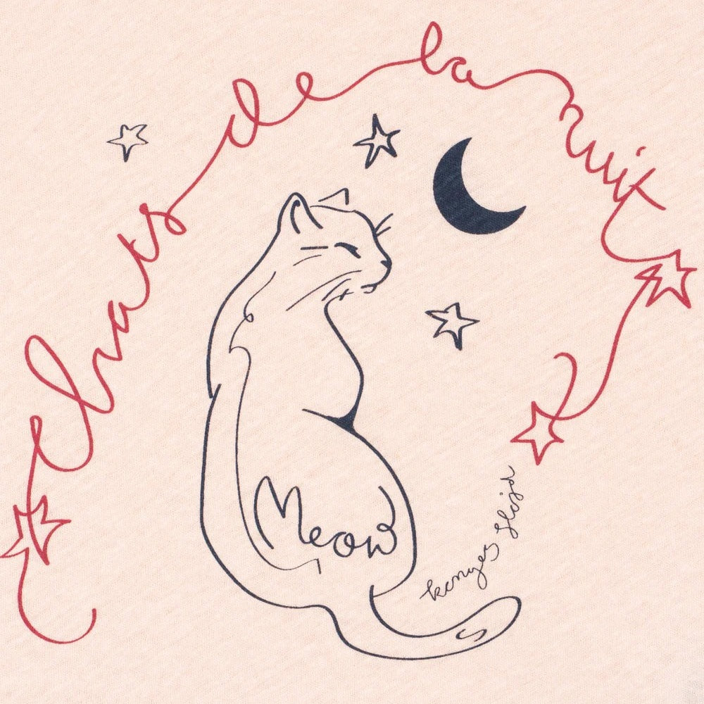Konges Slojd Era Tee in Pink/Meow with a line-drawn cat, moon, and stars