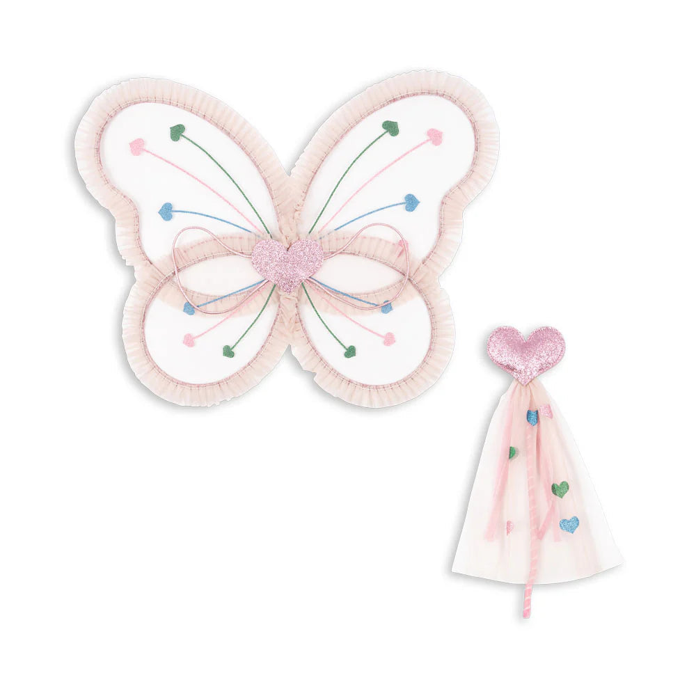Konges Slojd Fairy Frill Costume Heart Mix Butterfly Wings & Wand Set in Pink and White