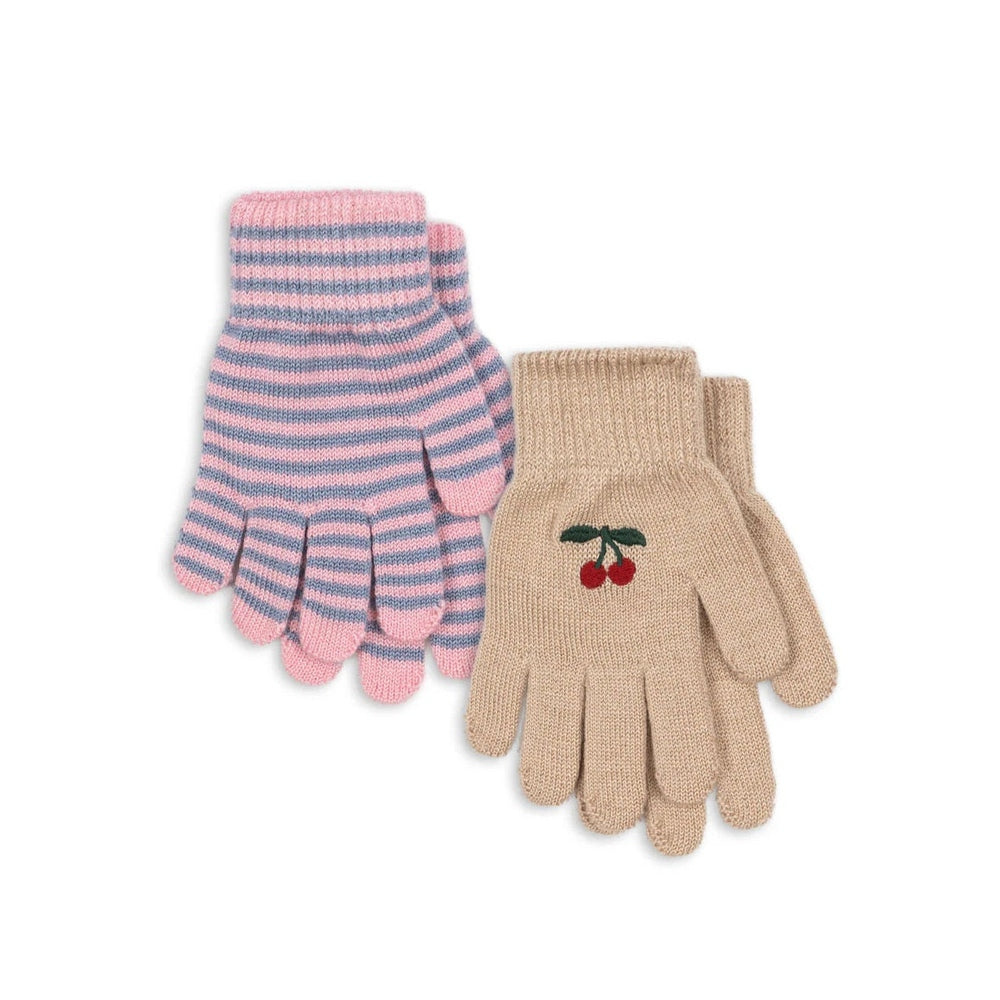 Konges Slojd Filla gloves cherry stripe 2-pack: pink/blue striped pair plus beige cherry-embroidered gloves