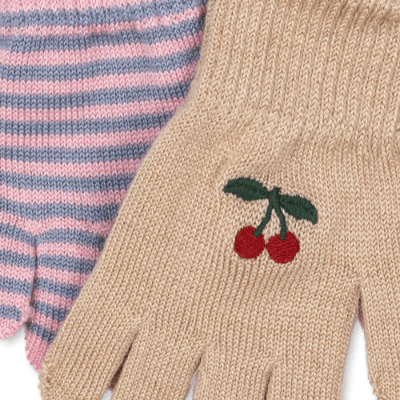 Konges Slojd Filla gloves 2-pack, beige knit with cherry embroidery